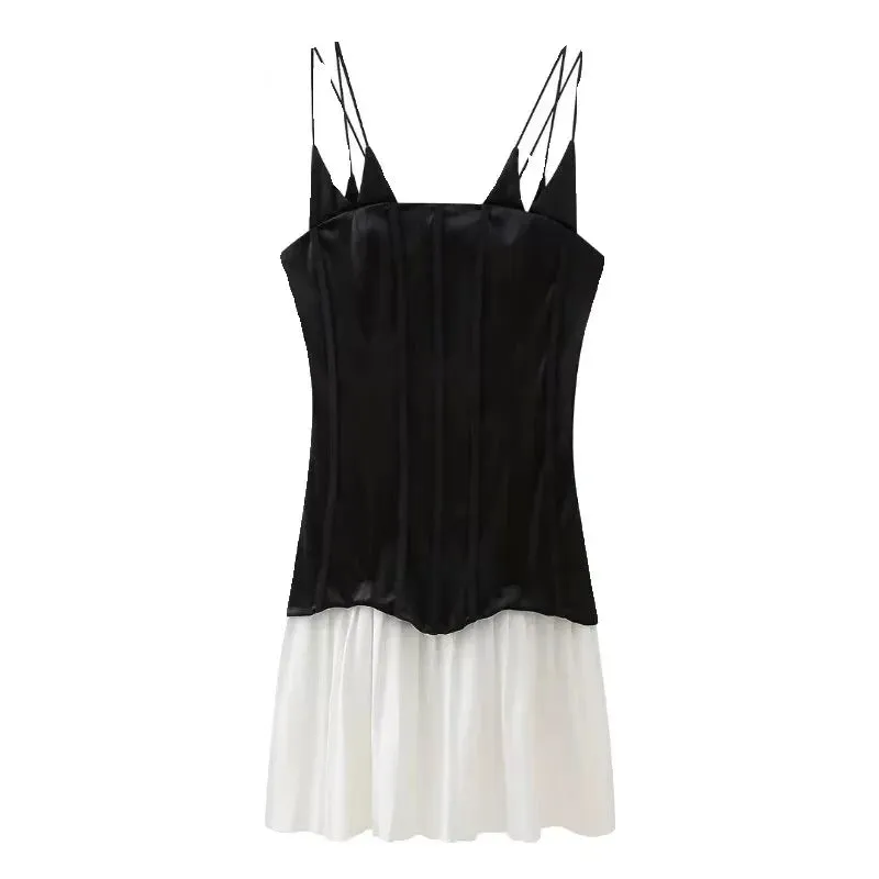 2024 New Contrast Color Patchwork Backless Sleeveless Slim A-Line Fashion Party Dress