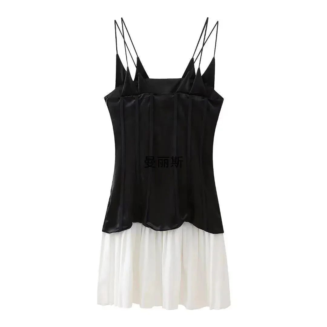 2024 New Contrast Color Patchwork Backless Sleeveless Slim A-Line Fashion Party Dress
