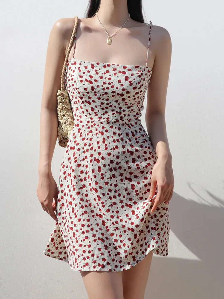 2024 New Vintage Flower Suspenders Dress Women Summer Sleeveless Fashion Beach Mini Short Vacation Style Casual Dress