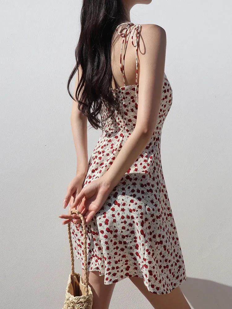 2024 New Vintage Flower Suspenders Dress Women Summer Sleeveless Fashion Beach Mini Short Vacation Style Casual Dress