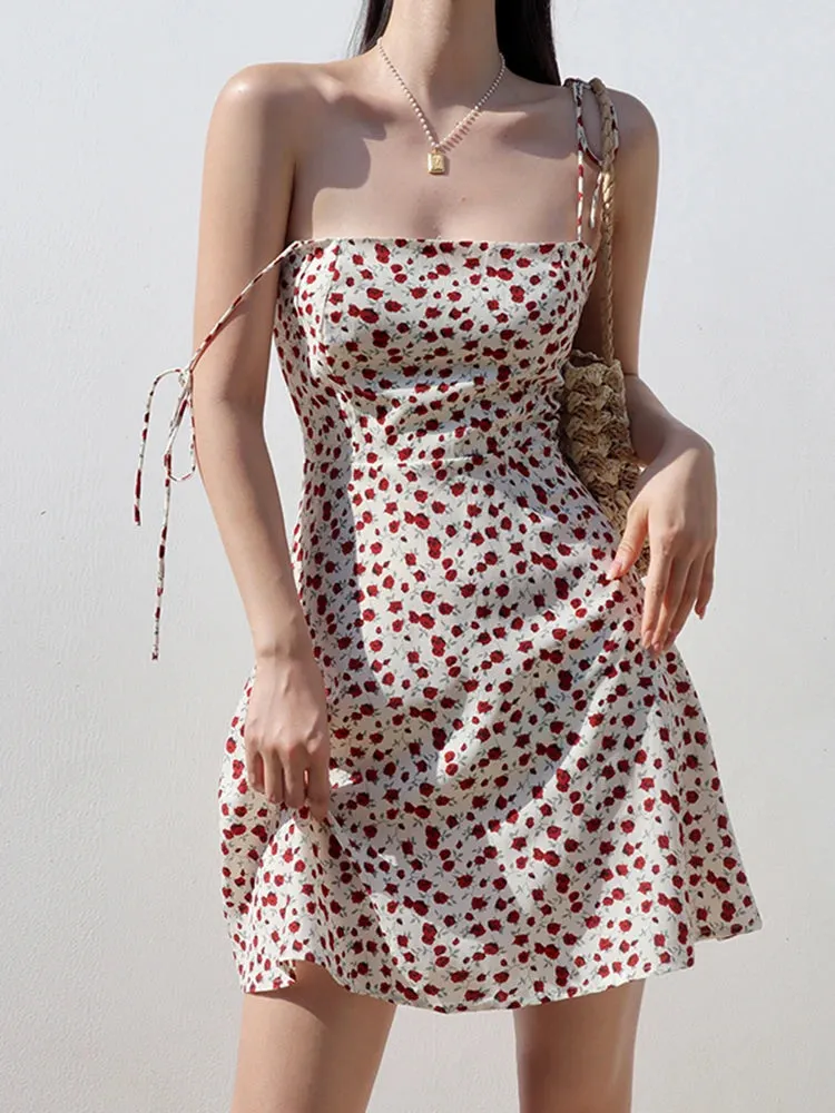 2024 New Vintage Flower Suspenders Dress Women Summer Sleeveless Fashion Beach Mini Short Vacation Style Casual Dress