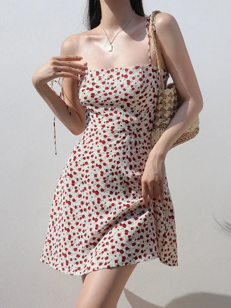 2024 New Vintage Flower Suspenders Dress Women Summer Sleeveless Fashion Beach Mini Short Vacation Style Casual Dress