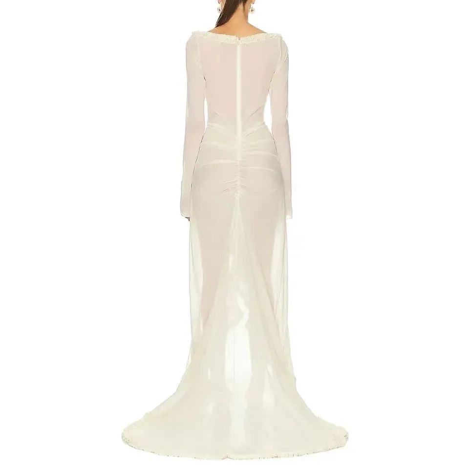 2024 Sexy Babydoll Lingerie Long Sleeve V Neck Mesh Nightwear Frill Trim Sheer Nighty Dress