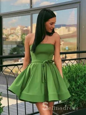 A-line Strapless Sage Short Prom Dress Satin Formal Gowns #CBD271