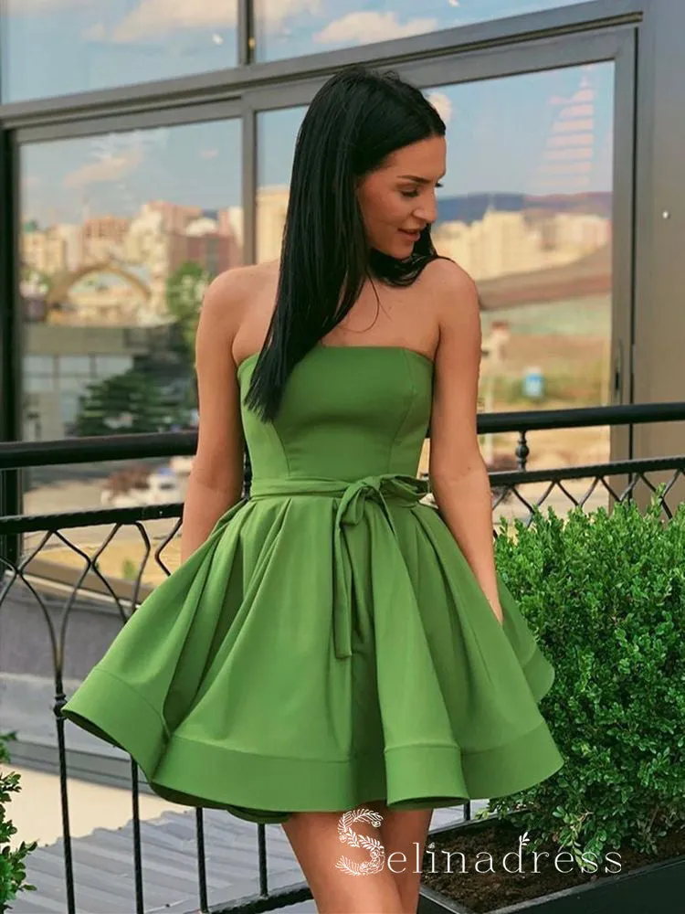 A-line Strapless Sage Short Prom Dress Satin Formal Gowns #CBD271