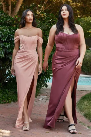 Asta Corset Top Off the Shoulder Satin Gown 7407484XR-DustyRose LaDivine 7484 Cinderella Divine 7484