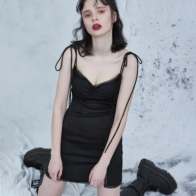 DressBetty - Sexy Spaghetti Straps Bodycon Gothic Black Dress Women Streetwear Black Lace Up Mini Female Dress Casual Purple Dress