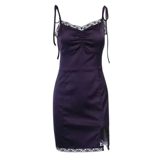 DressBetty - Sexy Spaghetti Straps Bodycon Gothic Black Dress Women Streetwear Black Lace Up Mini Female Dress Casual Purple Dress