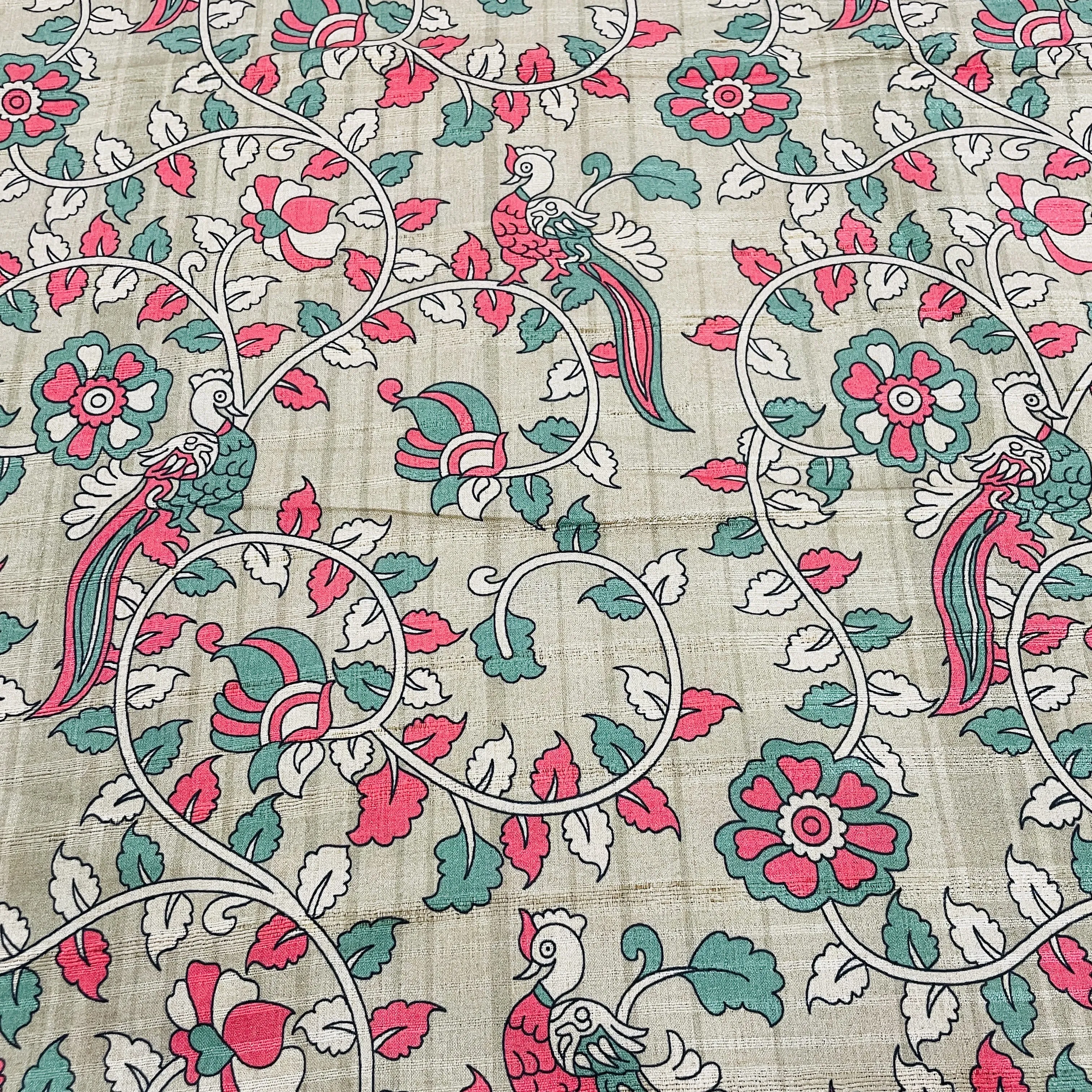 Exclusive Ivory Green Pink Floral Print Slub Tusser Silk