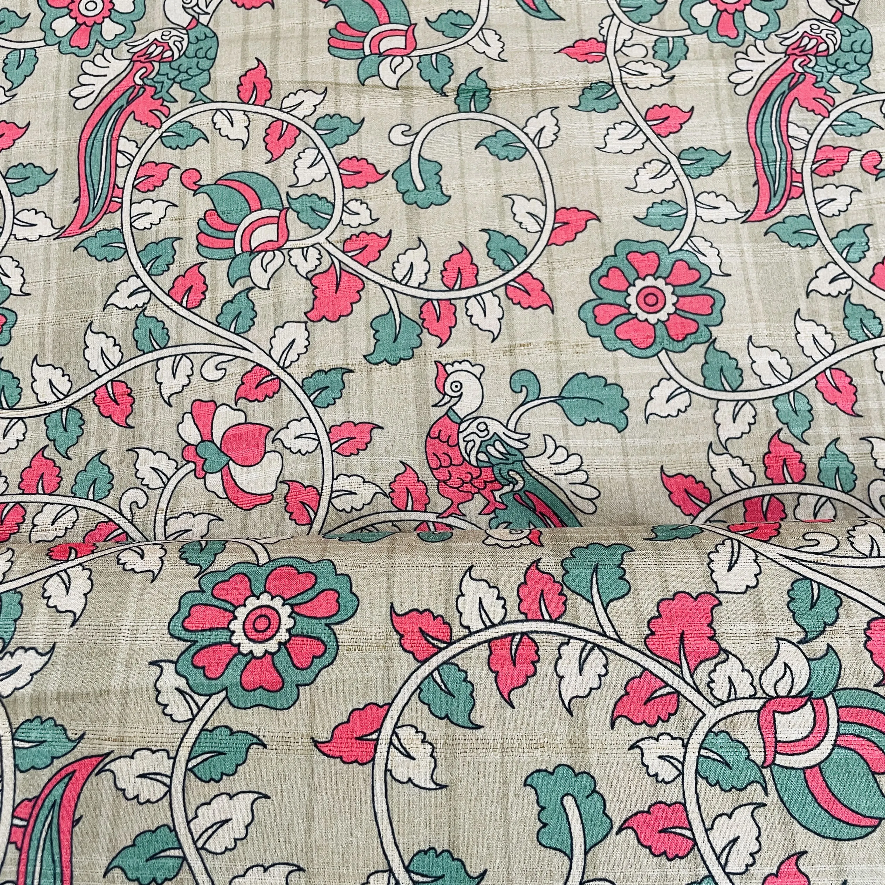 Exclusive Ivory Green Pink Floral Print Slub Tusser Silk