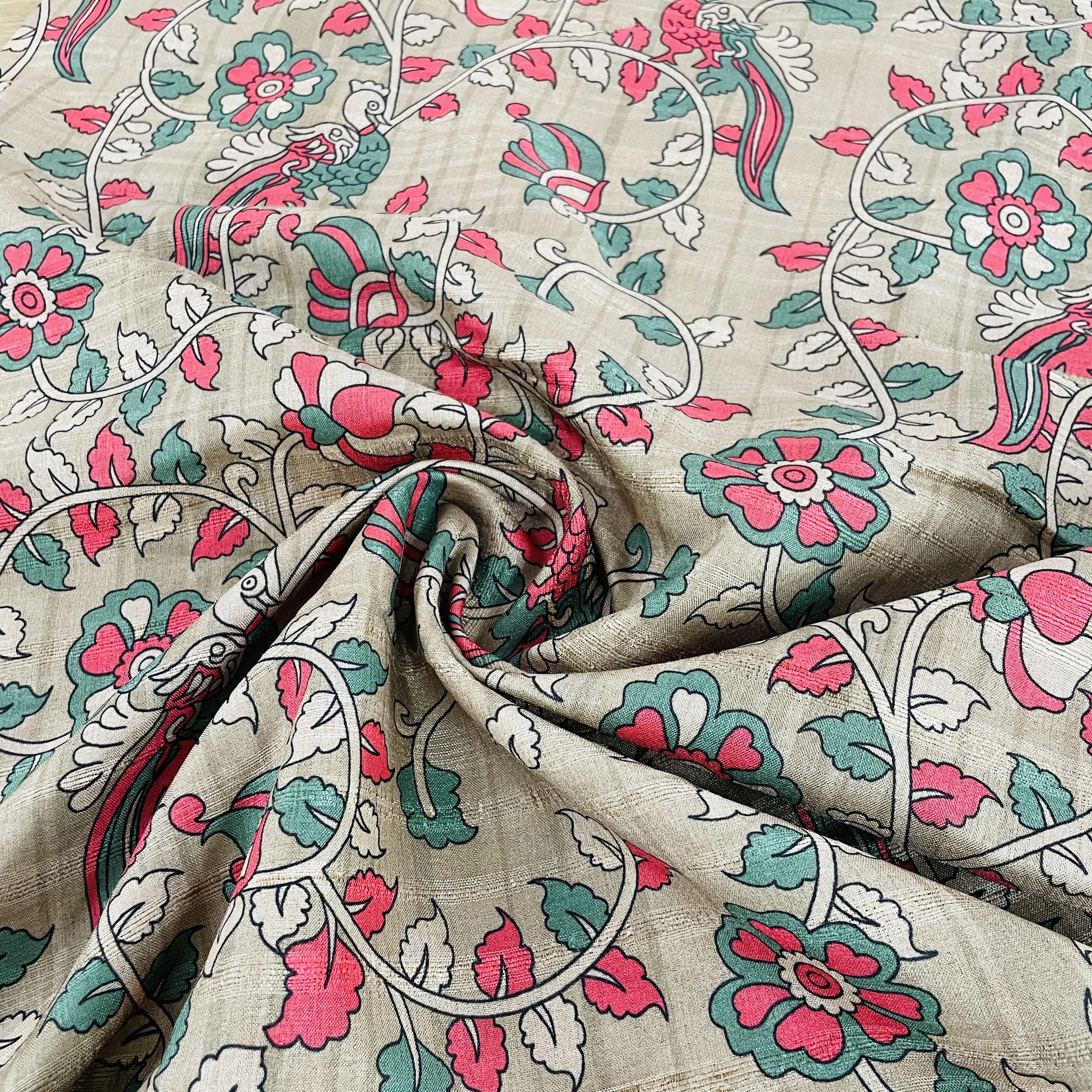 Exclusive Ivory Green Pink Floral Print Slub Tusser Silk