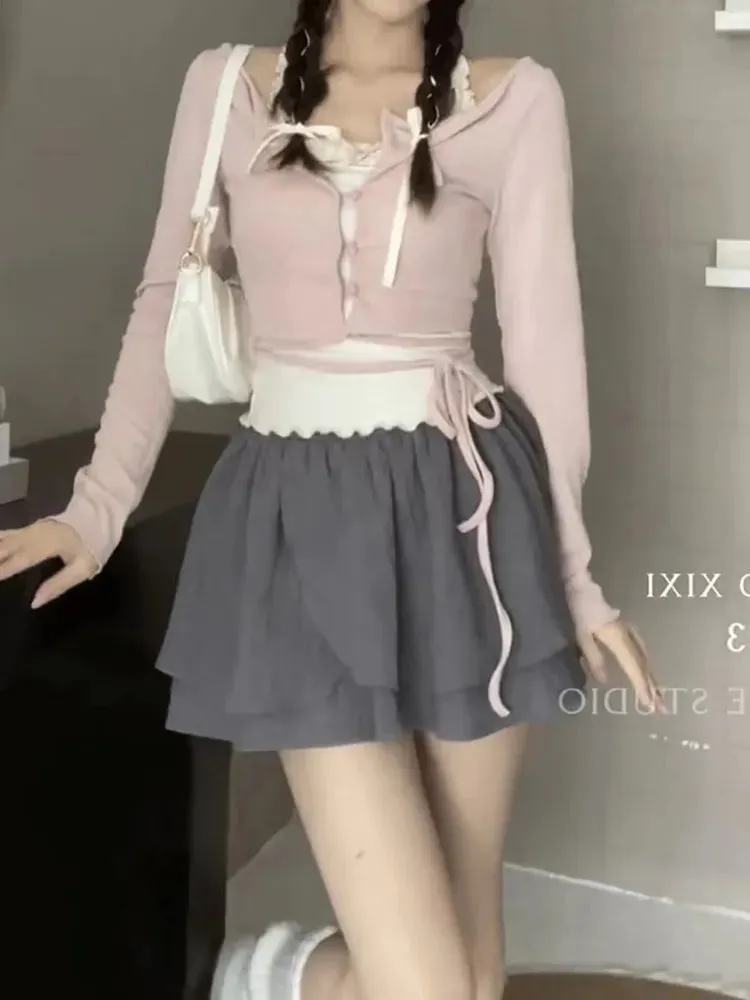Getadme Fashion Elegant Preppy Style 2 Piece Skirt Set Fake Two Pieces V-Neck Crop Top   Elastic Waist Mini A-line Skirt Y2K Streetwear