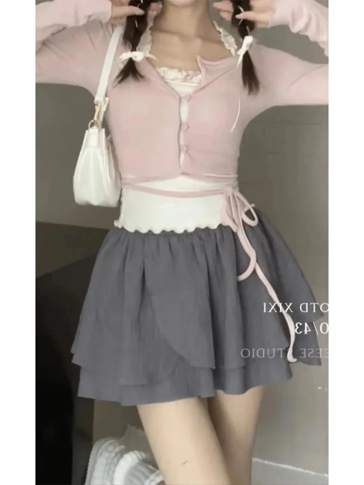 Getadme Fashion Elegant Preppy Style 2 Piece Skirt Set Fake Two Pieces V-Neck Crop Top   Elastic Waist Mini A-line Skirt Y2K Streetwear