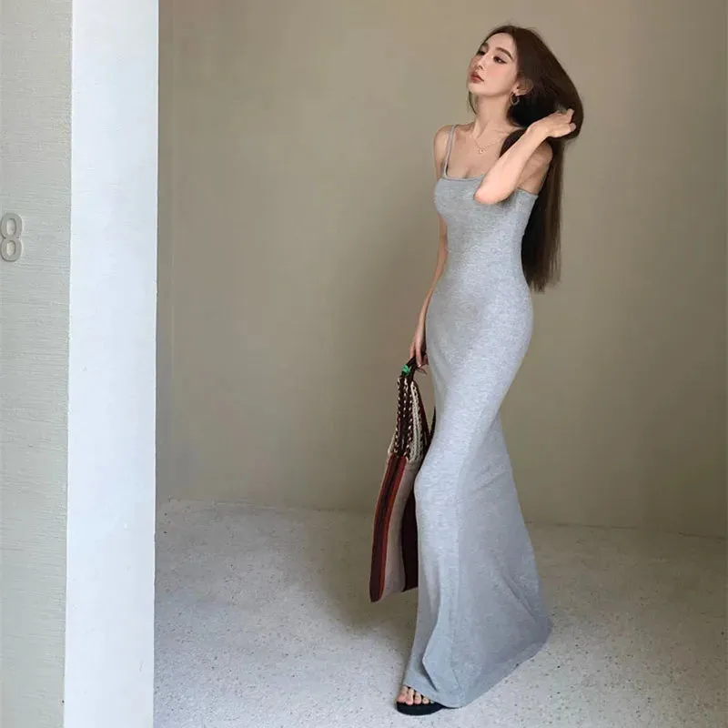 Girlary 100% Cotton Black Camis Dress Women Y2K Sexy Backless Sleeveless All-Match Midi Dress Female Summer Solid Streetwear Slim Dress