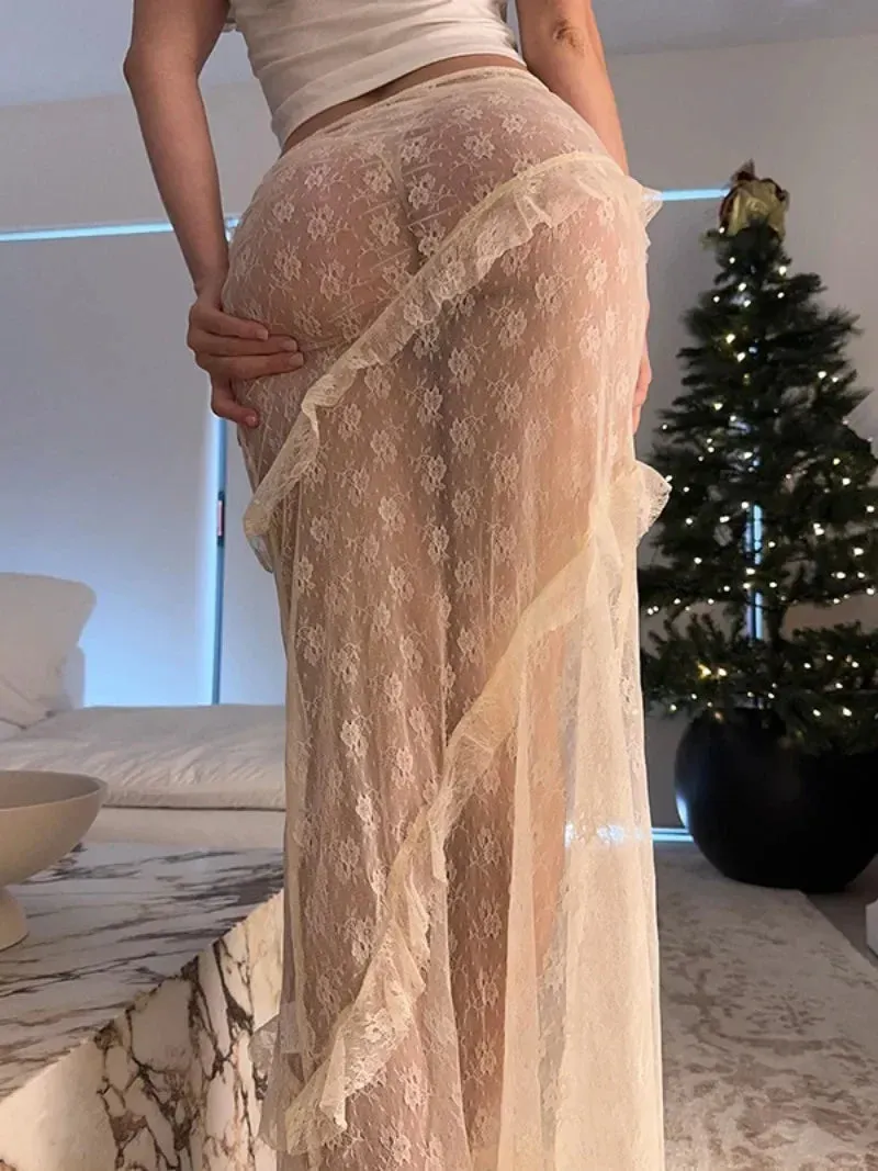 Girlary 2024 Woman Sexy High Waist Lace Skirts Streetwear Fashion Sexy Ruffles See Through Slim Long Skirt Female Beach Holiday Outfit