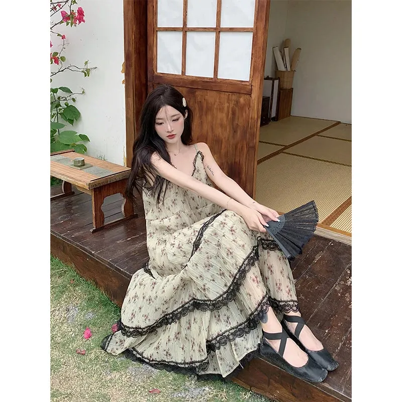 Girlary Beach Vacation Print Sundress Fashion A-Line Dress Y2K Streetwear Classical Beige Spaghetti Strap Dress Sleeveless Temperament