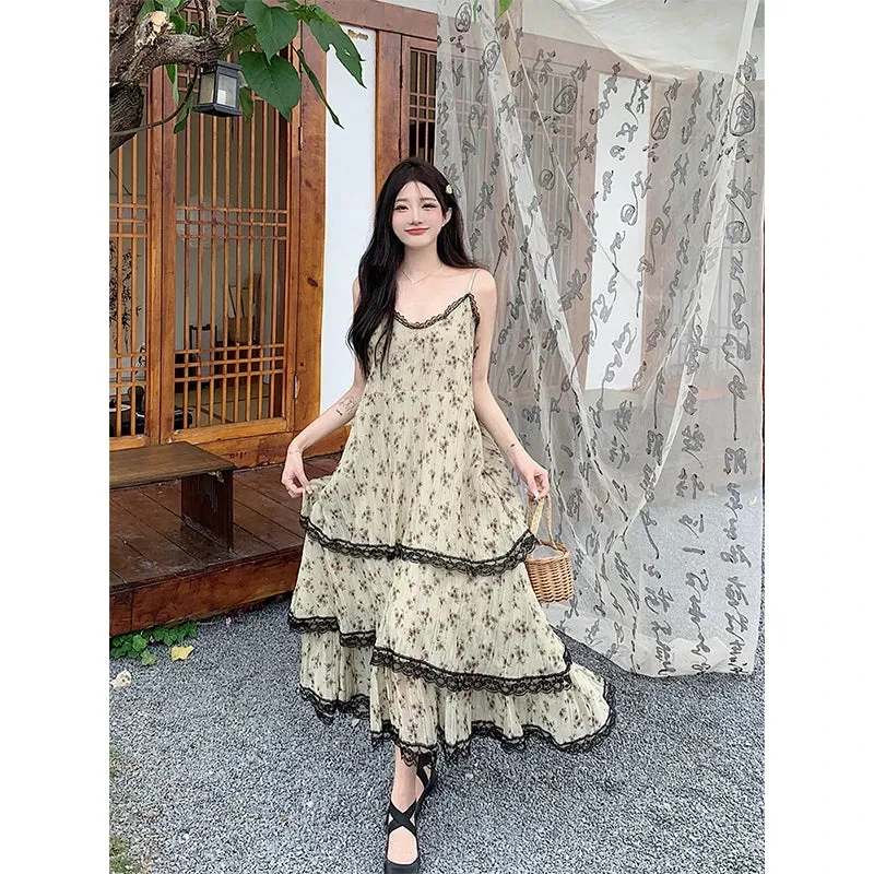 Girlary Beach Vacation Print Sundress Fashion A-Line Dress Y2K Streetwear Classical Beige Spaghetti Strap Dress Sleeveless Temperament
