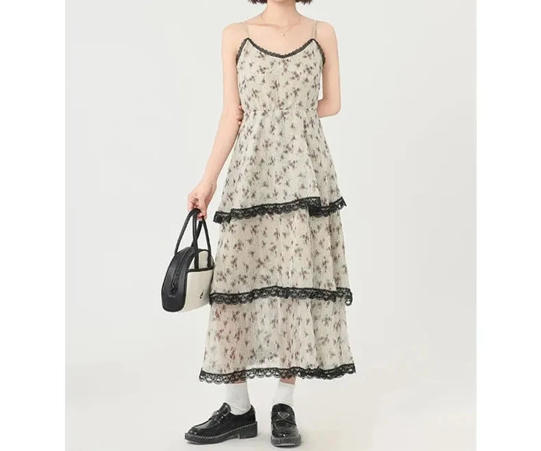 Girlary Beach Vacation Print Sundress Fashion A-Line Dress Y2K Streetwear Classical Beige Spaghetti Strap Dress Sleeveless Temperament