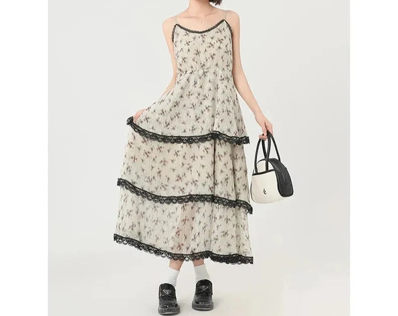 Girlary Beach Vacation Print Sundress Fashion A-Line Dress Y2K Streetwear Classical Beige Spaghetti Strap Dress Sleeveless Temperament