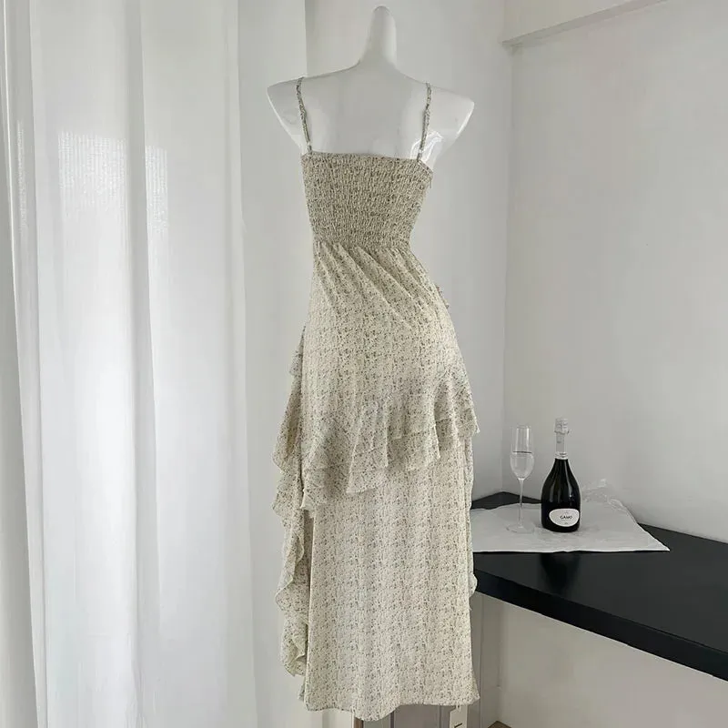 Girlary Fashion Irregular Tiered Ruffled Suspender Dresses Women Summer Holiday Style Sexy Slim Long Dress Sweet Fairy Dress Vestidos