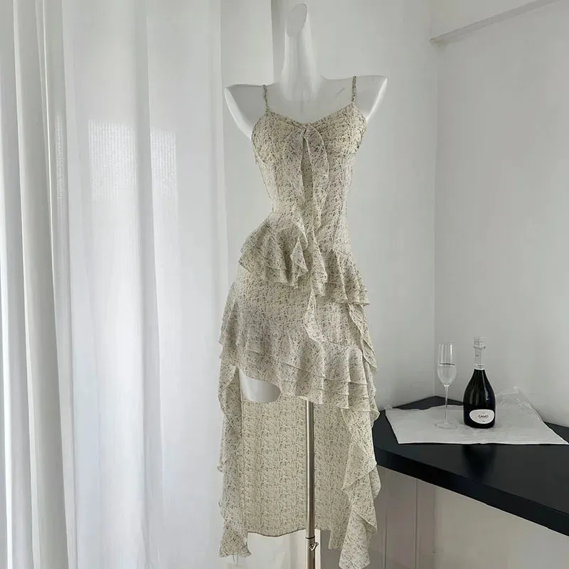 Girlary Fashion Irregular Tiered Ruffled Suspender Dresses Women Summer Holiday Style Sexy Slim Long Dress Sweet Fairy Dress Vestidos