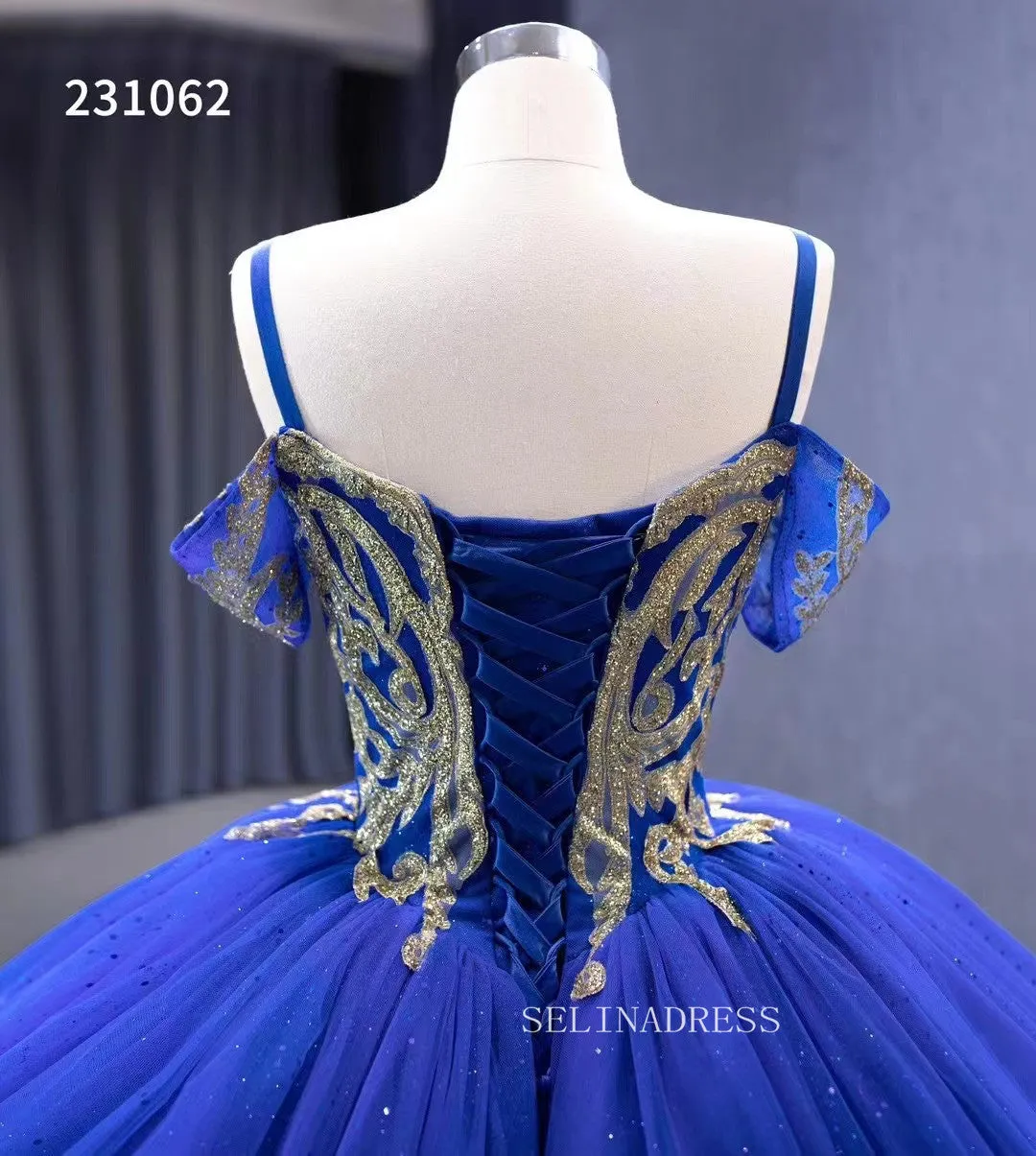 Gold Decoration Royal Blue Ball Gowns Tulle Wedding Dresses 231062