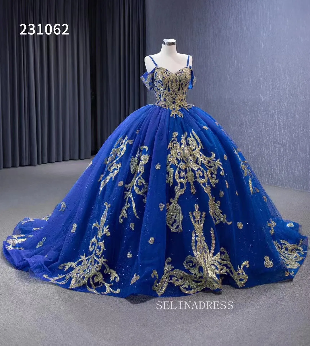 Gold Decoration Royal Blue Ball Gowns Tulle Wedding Dresses 231062