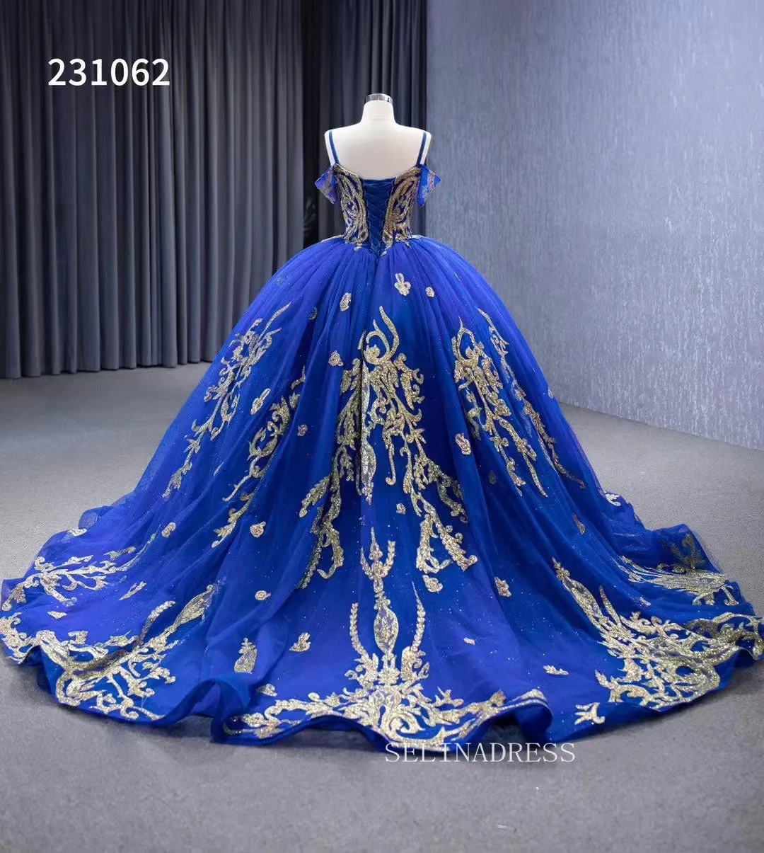 Gold Decoration Royal Blue Ball Gowns Tulle Wedding Dresses 231062