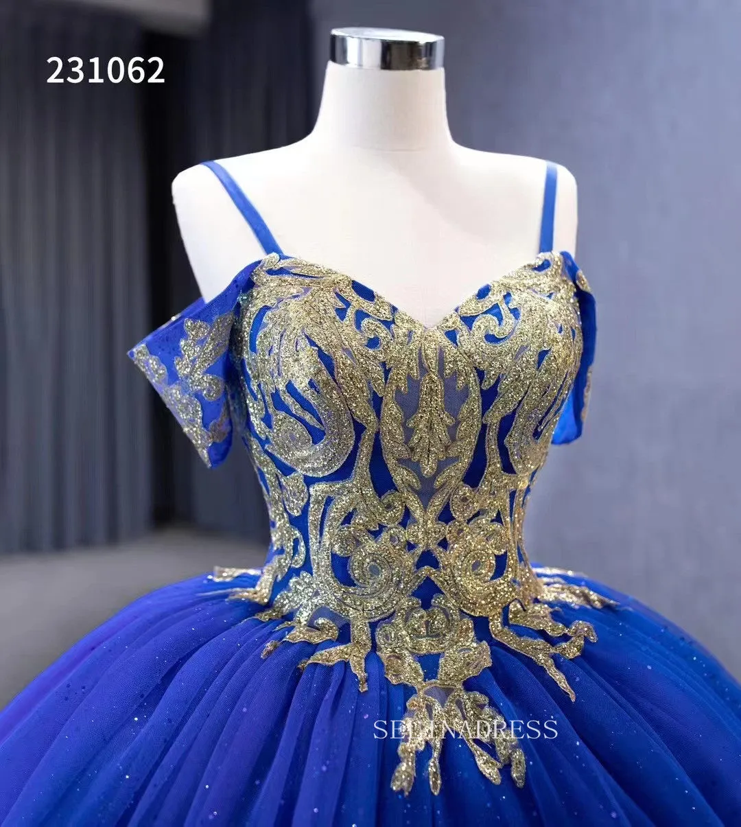 Gold Decoration Royal Blue Ball Gowns Tulle Wedding Dresses 231062
