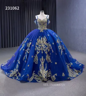 Gold Decoration Royal Blue Ball Gowns Tulle Wedding Dresses 231062
