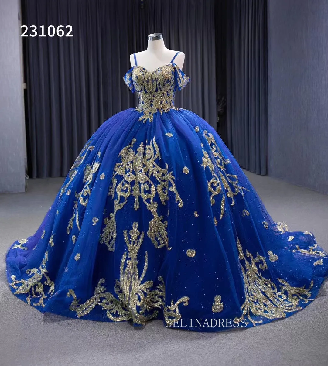 Gold Decoration Royal Blue Ball Gowns Tulle Wedding Dresses 231062