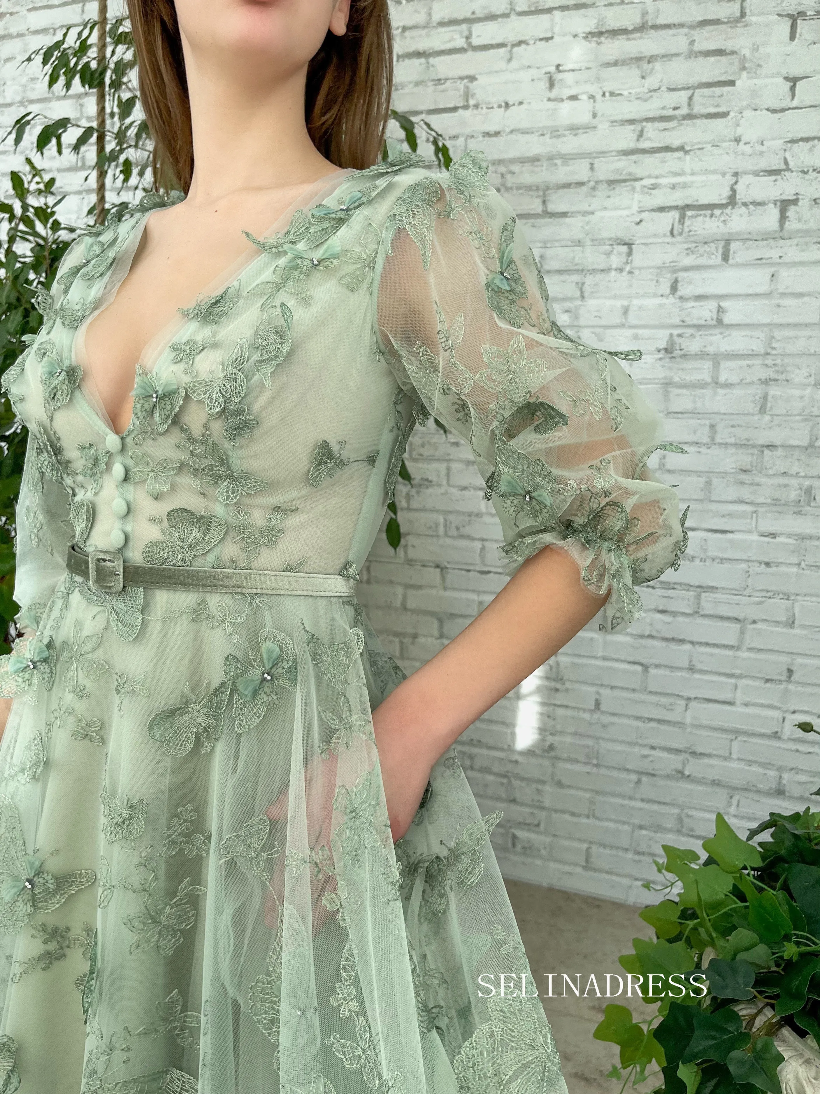 Green A-Line Dress With V-neck Belt Butterflies Beautiful Prom Dress Gorgeous Formal Dress #LPO003