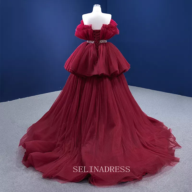 High Low Vintage Simple Burgundy Ruched Prom Dress Evening Dress With Long Tail 222141