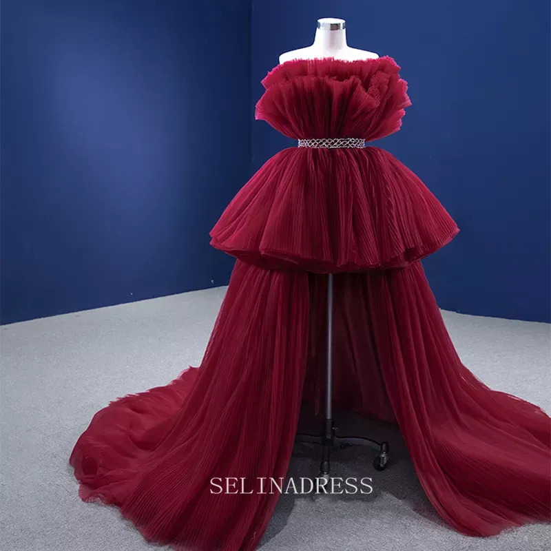 High Low Vintage Simple Burgundy Ruched Prom Dress Evening Dress With Long Tail 222141