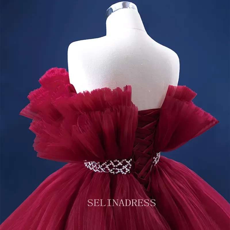 High Low Vintage Simple Burgundy Ruched Prom Dress Evening Dress With Long Tail 222141