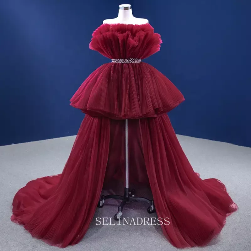 High Low Vintage Simple Burgundy Ruched Prom Dress Evening Dress With Long Tail 222141