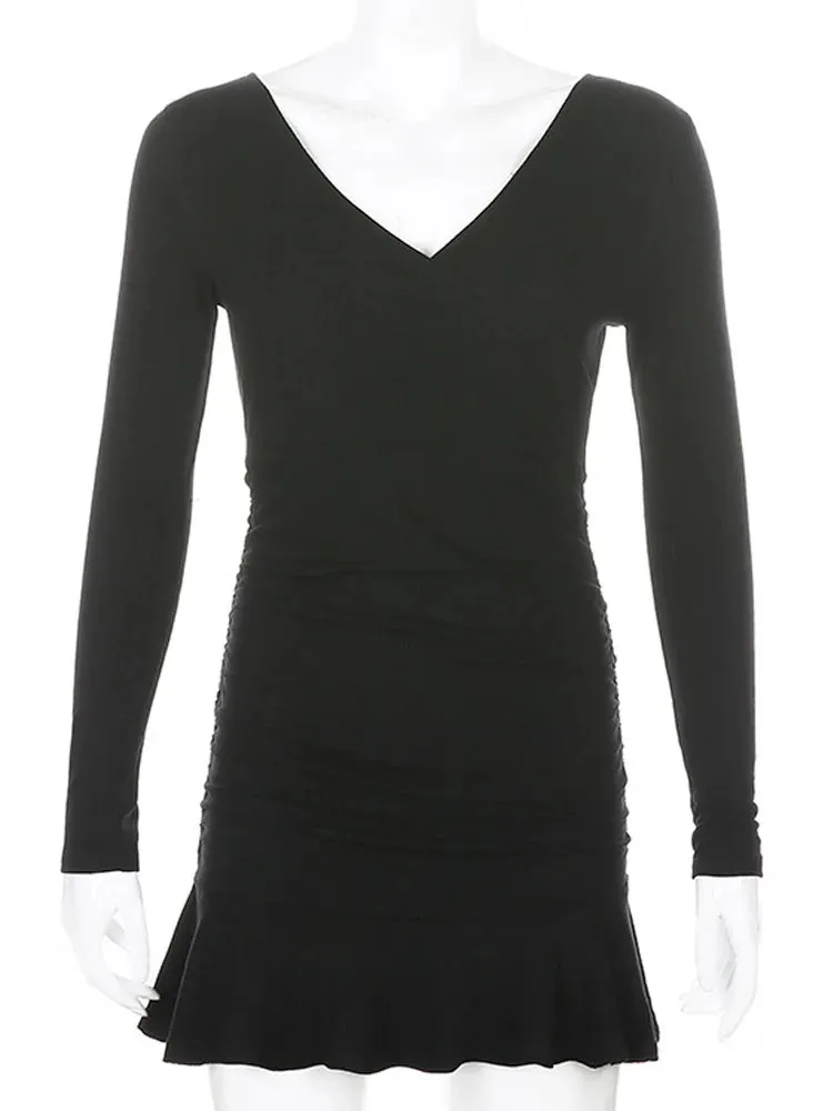 LVSANW Black Knitted Ribbed Midi Dresses For Women V Neck Elegant Korean Clothes Long Sleeve Ruffles Bodycon Dresses Autumn