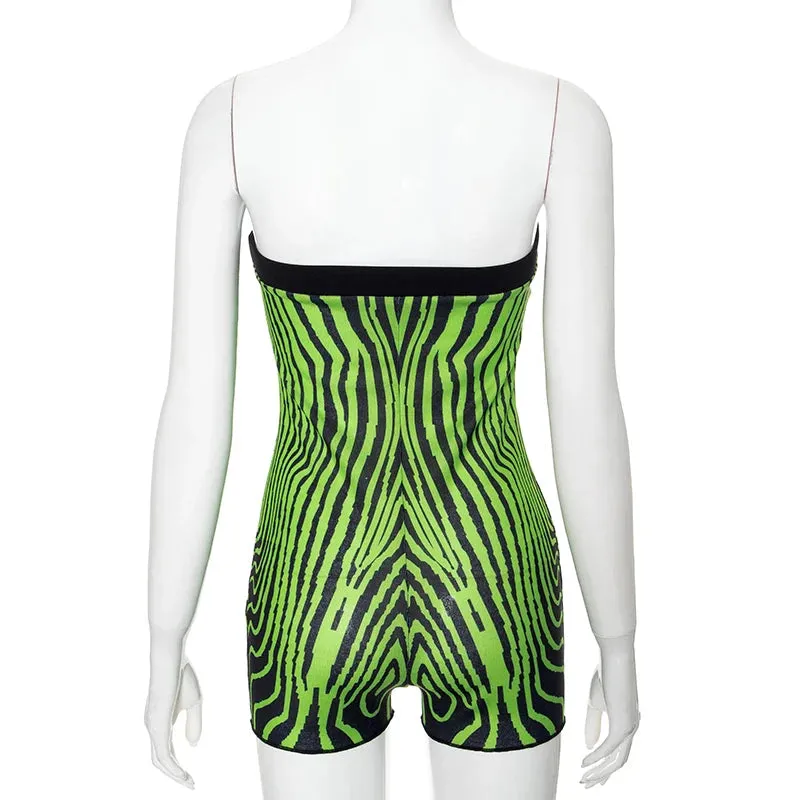 LVSANW BUILDINGB 2024 Women Summer Sleevelss Strapless Romper Sexy Green Stripe Print Patchwork Shorts Club Party Jumpsuits Streetwear