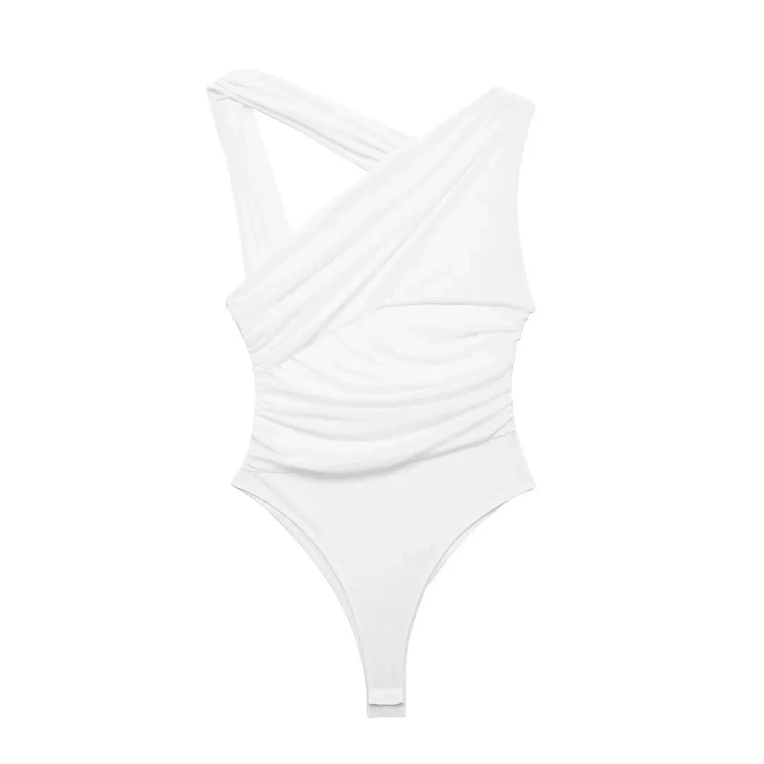 LVSANW EDSA Women Leopard Tulle Bodysuit 2024 Summer Hollow Out Irregular Straps Snap-botton for Holiday Beach Style Streetwear