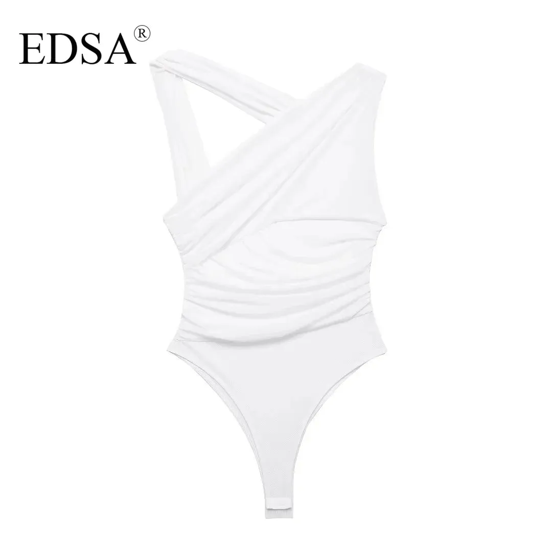 LVSANW EDSA Women Leopard Tulle Bodysuit 2024 Summer Hollow Out Irregular Straps Snap-botton for Holiday Beach Style Streetwear