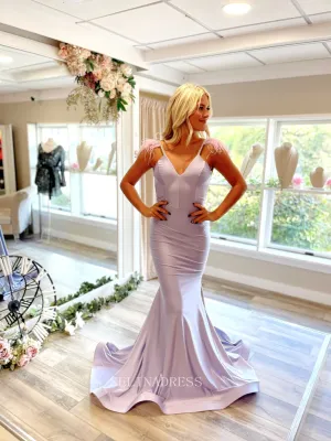 Mermaid V neck Lilac Prom Dress Long Formal Dresses Satin Evening Dress KPY018