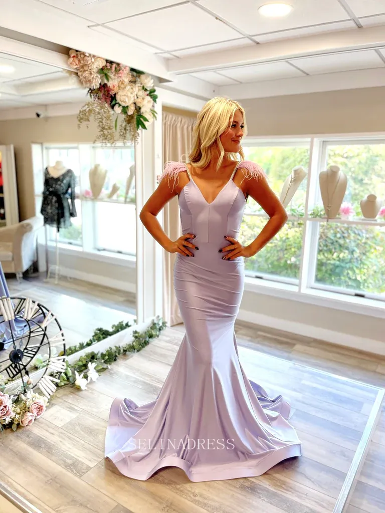 Mermaid V neck Lilac Prom Dress Long Formal Dresses Satin Evening Dress KPY018
